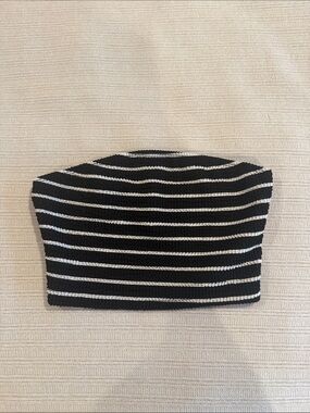 SHEIN Black and White Striped Strapless Bandeau Crop Top
